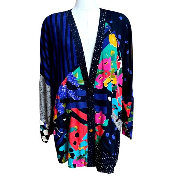 Carol Little Patchwork Vintage Jacket Size 4 Oversize 100% Rayon Long Sleeves